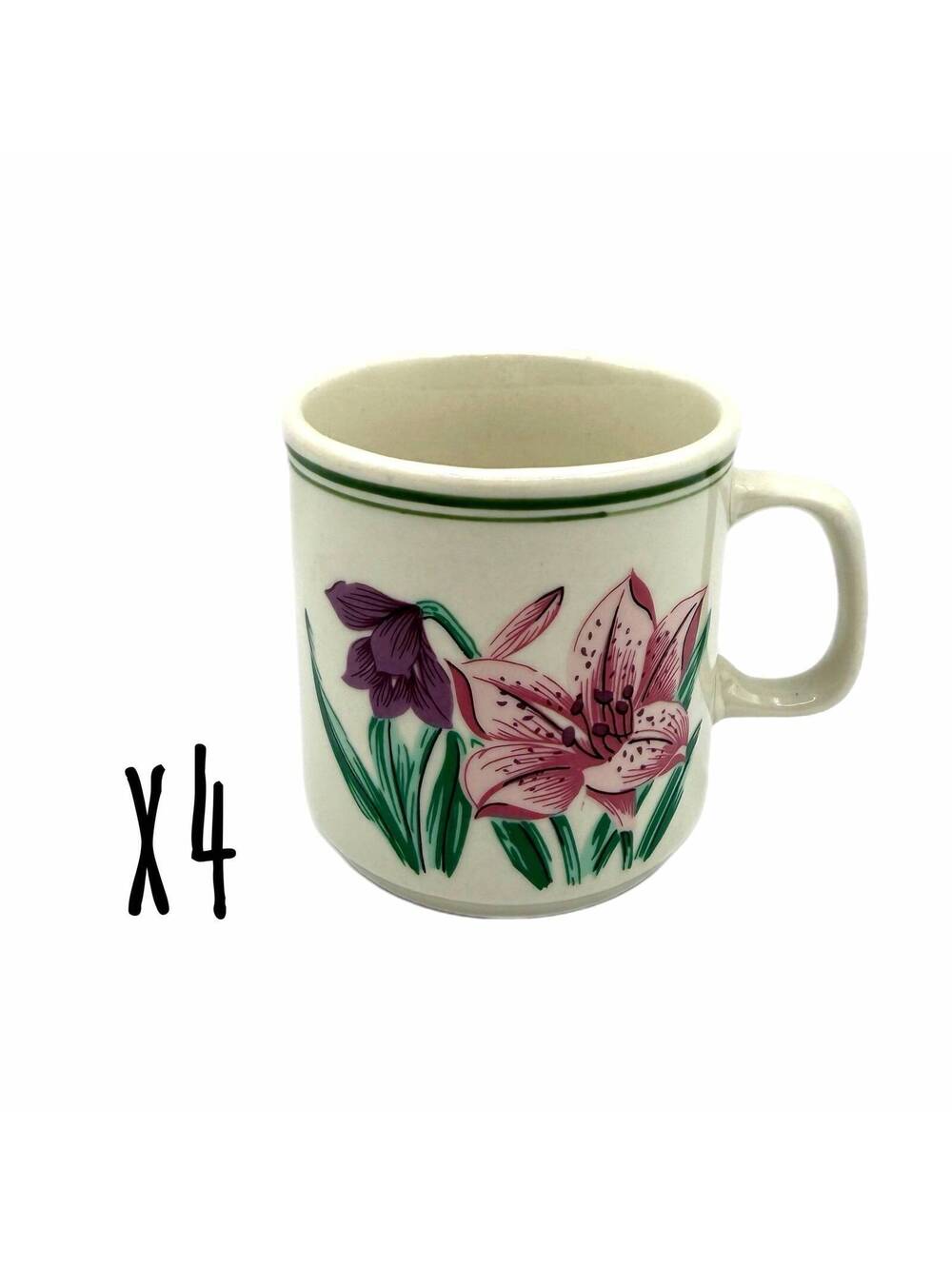 Set of 4 Vintage Pink Lily & Purple Floral Stoneware Coffee Mugs